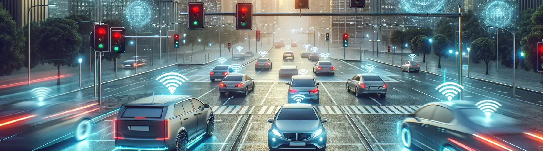 Cette image dépeint le concept de véhicules autonomes et de communication sans fil en milieu urbain.